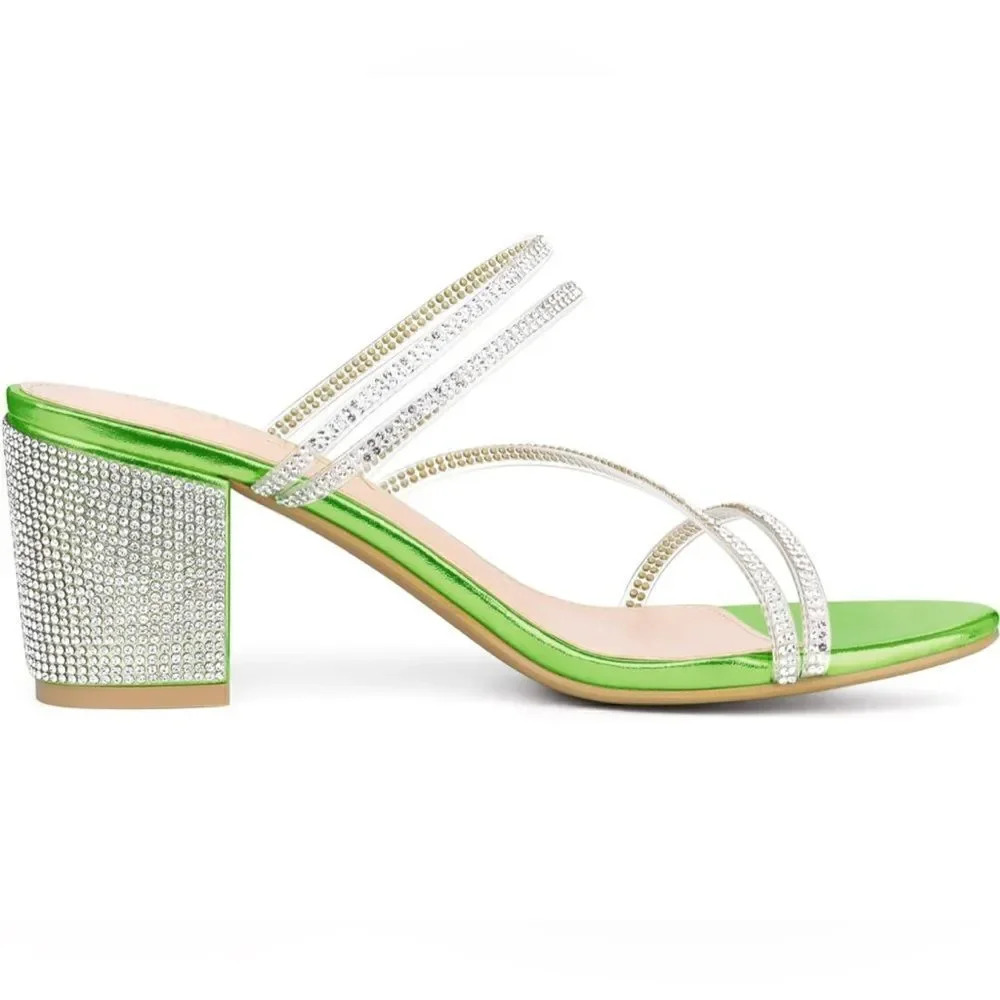 Allegra K Women's Strappy Rhinestone Block Heel Slide Sandals Green Size 8